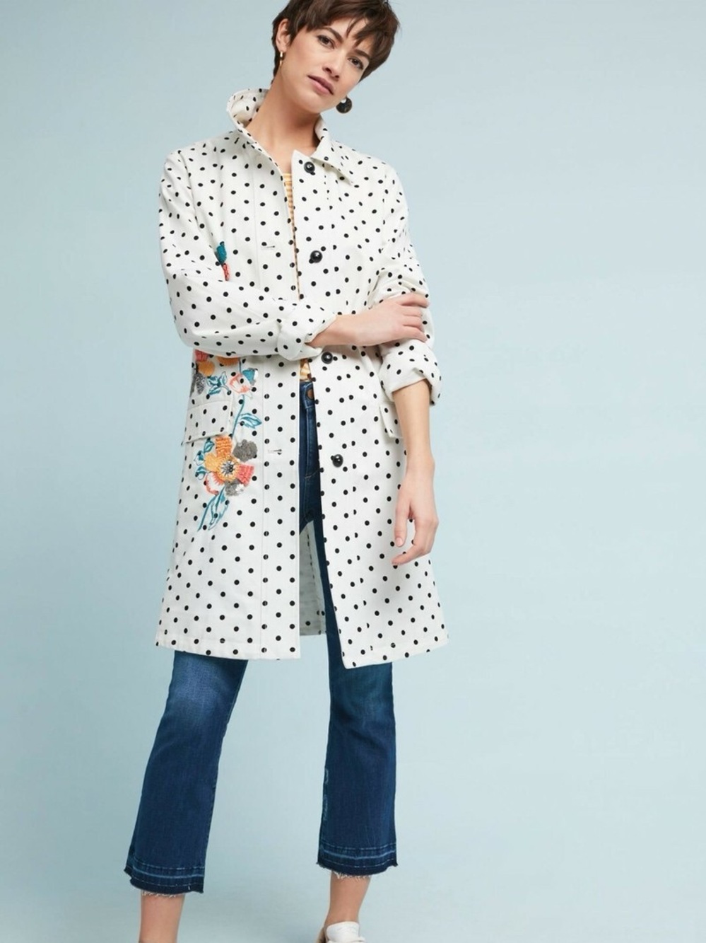 Anthropologie White Polka Dot Trench Coat with Floral Embroidery Size XS
